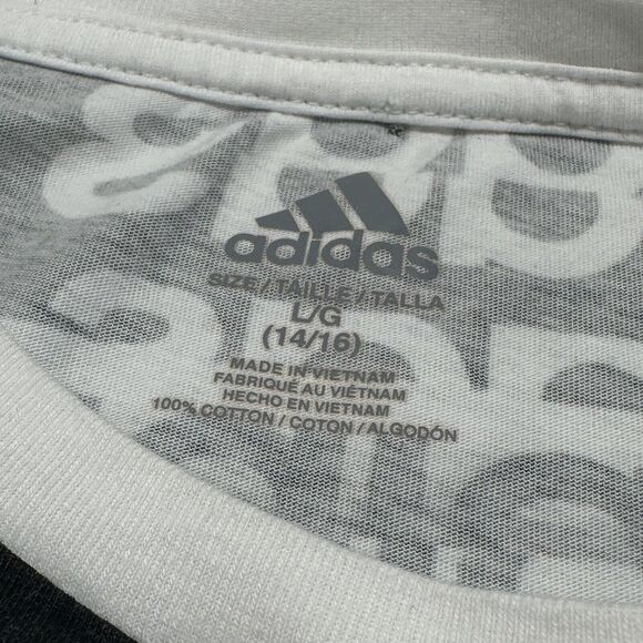 Adidas Boy's Large (14/16) Black White Logo Short Sleeve Athletic T Shirt - Picture 7 of 15